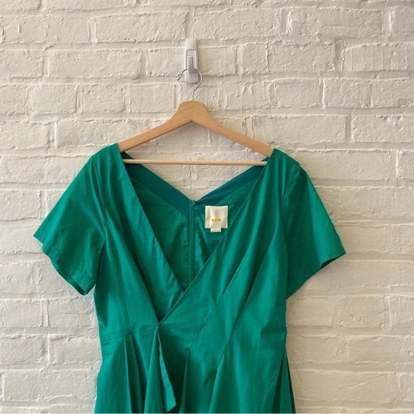 Anthropologie || Maeve Seamed Poplin Origami Pleated Dress Green 14 - Picture 3 of 10